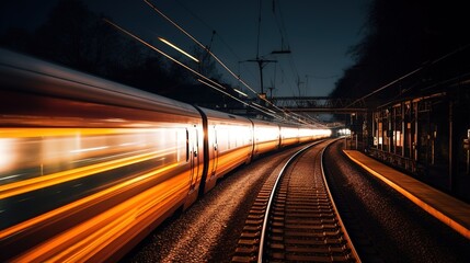 long exposure train passing, night railway station, light trails, wide-angle lens. generated ai