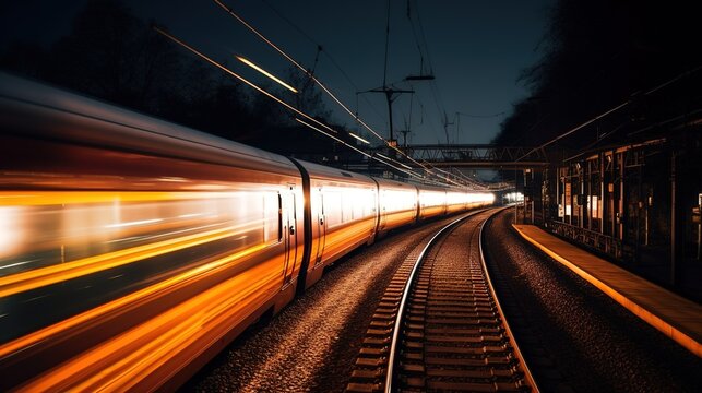 Long Exposure Train Passing, Night Railway Station, Light Trails, Wide-angle Lens. Generated Ai