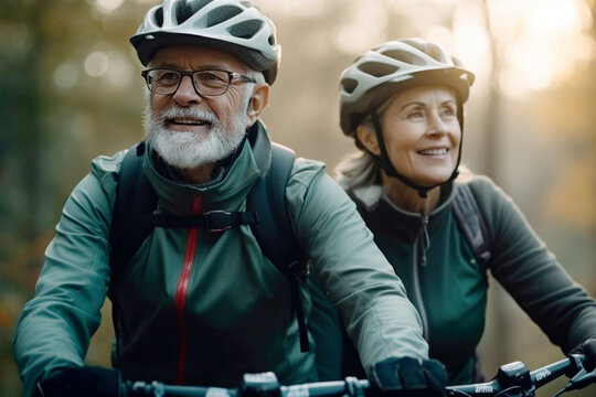 Adult couple of old people in a helmet ride bicycles together, an active lifestyle pensioners