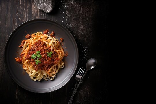 pasta bolognese with basil on a dark background top view. generated ai