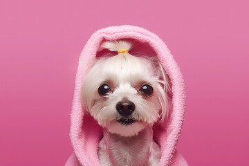 Portrait of cute little white dog wearing bathrobe on a pink background - obrazy, fototapety, plakaty