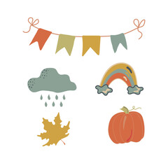Autumn elements. Leaf, pumpkin, flags, rainbow autumn. Vector illustration.