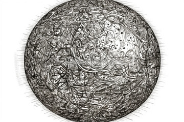 Ink drawing or ink pen line drawing of a sphere. A sphere drawing consisting of black ink lines. Isolated on white.