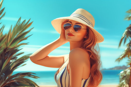 A girl in a swimsuit and glasses, a straw hat on the background of palm trees and the sea on vacation, summer vacation, a woman with long hair. generative ai