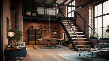 Interior of a living room with high ceilings, a house in a loft style, design project of an apartment, decor. generative ai