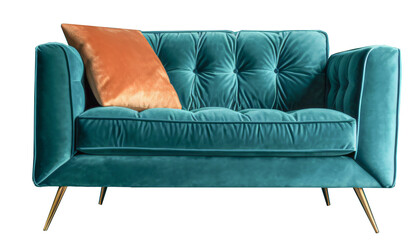 Blue and green velvet sofa, couch isolated on the transparent background PNG. AI generative.