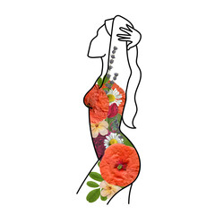 Line art woman naked with watercolor flowers isolated on white background. - 613636578