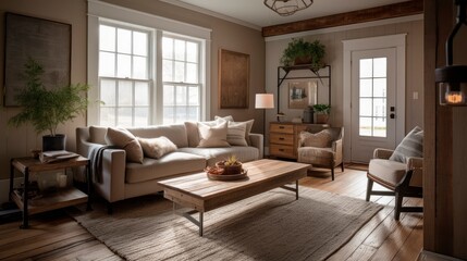 Fototapeta premium Interior of a living room with high ceilings, a house in a modern farmhouse modern style, design project of an apartment decor. generative ai