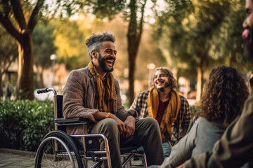 Laughing happy joyful disabled man on a wheelchair outdoors