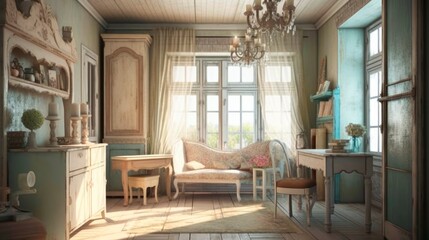 Living room interior with high ceilings, house in shabby chic style, design project, apartment decor. generative ai