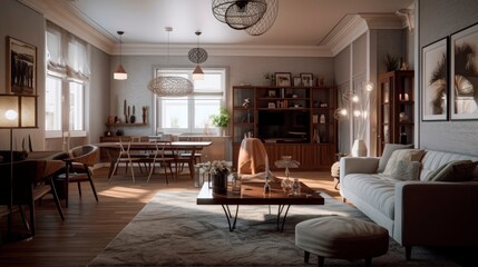 Interior of living room with high ceilings, house in transitional style, design project of apartment decor. generative ai