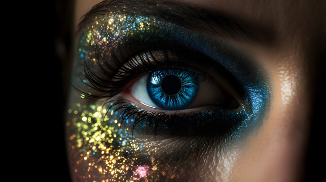 Amazing blue eye with golden glitter and makeup