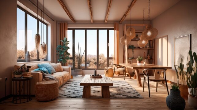 Living room interior with high ceilings, house in southwestern style, design project, apartment decor. generative ai.