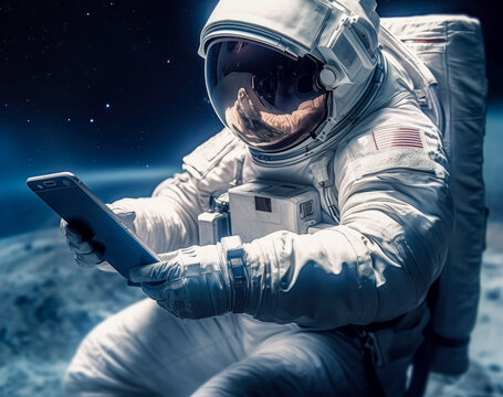 Astronaut reading of a tablet in space. 

