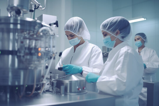 Pharmaceutical workers testing the quality of production of medicines and cosmetics