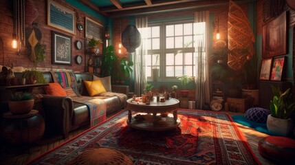 Obraz premium Living room interior with high ceilings, house in bohemian style, apartment design project. generative ai