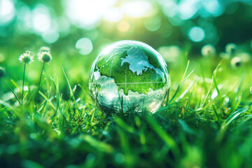 biro of a glass green planet with eco icons on grass, in the style of light-focused