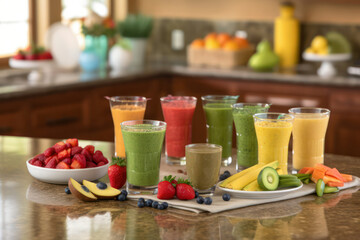 A vibrant assortment of colorful smoothies in tall glasses, featuring a variety of fruits and vegetables, promoting a healthy and refreshing lifestyle