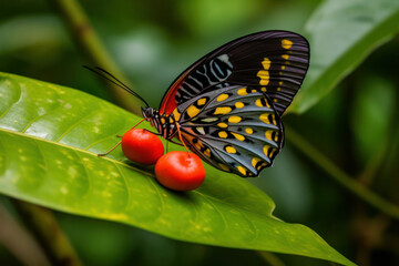 A detailed close-up of a delicate butterfly resting on a flower, capturing the intricate patterns and vibrant colors of nature