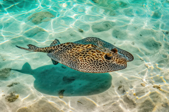 A captivating photograph capturing the graceful movement of a stingray gliding effortlessly through the water, showcasing its unique shape and stunning patterns