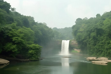 A magnificent waterfall surrounded by lush green vegetation, with mist rising from the cascade, creating a magical and enchanting atmosphere