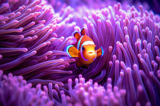 An underwater close-up of a colorful clownfish nestled among the tentacles of a sea anemone, showcasing their symbiotic relationship and stunning colors