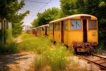 Fototapeta premium An abandoned and overgrown amusement park, with rusted rides and remnants of its former glory, creating an eerie atmosphere