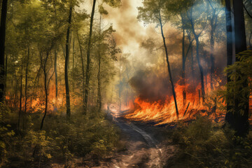 Fire in the forest, ecological disaster, burning trees. generative ai.
