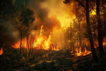 Fire in the forest, ecological disaster, burning trees. generative ai.