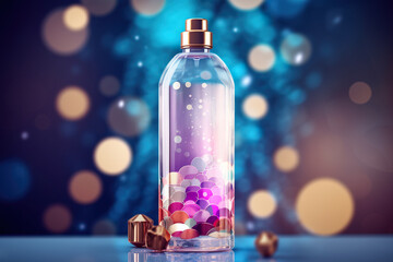 A bottle filled with lots of different colored pills. Generative AI. Christmas, winter cosmetic product presentation.