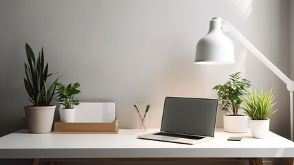 Modern office interior. Blank laptop computer screen, lamp, pencil holder and potted plant on white table. Empty screen mockup. Orderly, Comfortable workplace concept. generative ai