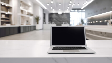 Computer laptop on the office counter. Blank screen mockup on wooden table with modern open space office blurred room background. Orderly, Comfortable workplace concept. generative ai