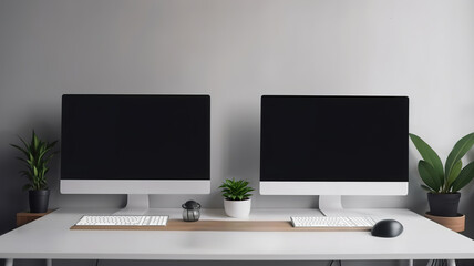 Blank white computer monitors mockup. Modern office workplace interior. Stylish white table in light sunny room home interior background. Orderly, Comfortable workplace concept. generative ai