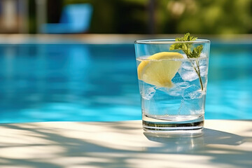 Photo of a refreshing glass of lemonade by the poolside - obrazy, fototapety, plakaty