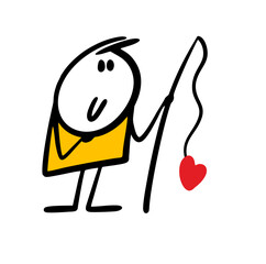 Stickman fisherman caught the heart on a fishing rod. Vector illustration of a guy in love.