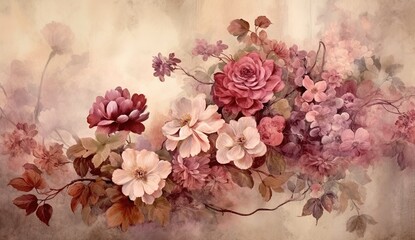 Flowers in the style of watercolor art. Luxurious floral elements, botanical background or wallpaper design, prints and invitations, postcards. Beautiful delicate flowers  Generative AI