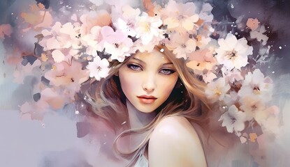 girl with a bouquet of white flowers, in a watercolor style. Generative AI