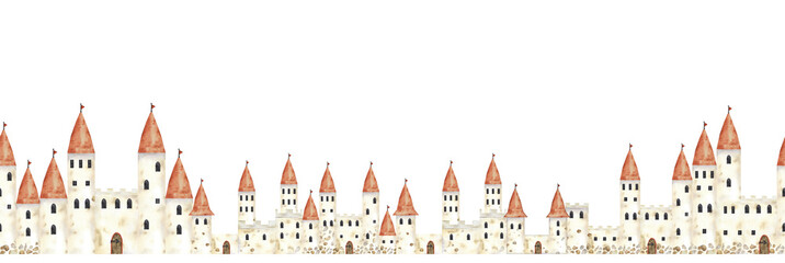 Fototapeta na wymiar Seamless border medieval childish castle watercolor hand drawn illustration. Paint drawing fairy tail antique building with towers, flags, windows and gate isolated. Watercolor illustration. Pattern