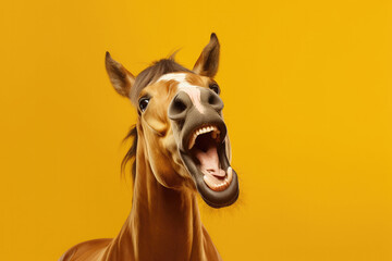Portrait of a funny brown laughing horse on a yellow background