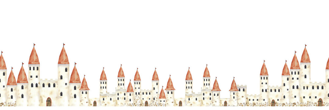 Seamless border medieval childish castle watercolor hand drawn illustration. Paint drawing fairy tail antique building with towers, flags, windows and gate isolated. Watercolor illustration. Pattern