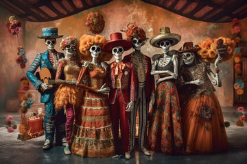 A group of skeletons dressed up in costumes. AI generative. Day of the Dead traditional papier-mache skeleton