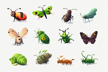 various bugs and insects isolated on a white background. Generative AI