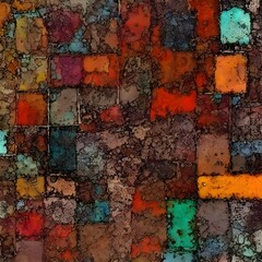 Small squares of various colors, rust texture, complicated pattern, part of the photo is missing.