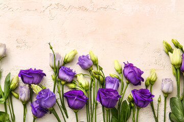 Composition with fresh eustoma on light background, closeup