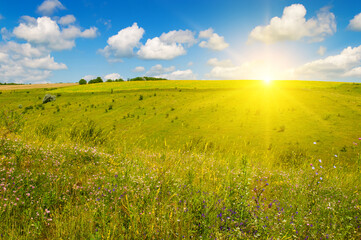 Green meadow on a hilly landscape and Sky with bright sunise.
