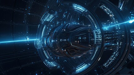 Spaceship, a plasma engine behind with a blue trail, round space gate transportation, bright stars on background. Futuristic sci-fi tech abstract illustration. Generative AI.