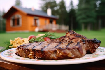 T-bone steak served on a plate outdoors with glass of red wine. AI generative