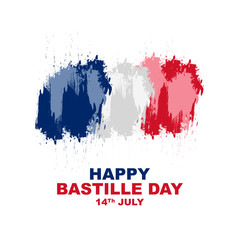 Happy Bastille Day, a national holiday celebrated on the 14th of july in france, greeting card poster design with abstract paint splatter flag shape decoration