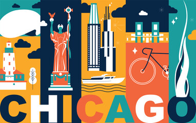 Typography word Chicago branding technology concept. Collection of flat vector web icons. American culture travel set, architectures, specialties detailed silhouette. Doodle famous landmarks.