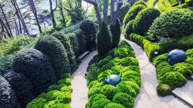 Etretat gardens with topiary plants and view from houses of Etretat in distance